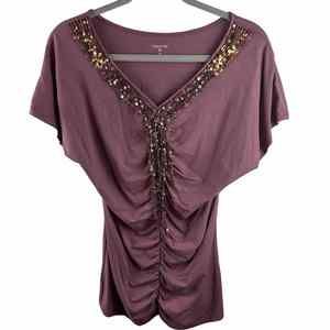 Garnet Hill Womens XS V Neck Sequin Tassel Trim Ruched Mauve Short Sleeve Blouse